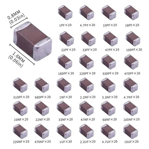 0603 Smd Capacitor Kit Mlcc Ceramic Bulk Value Pack Six Hundred Pieces with assorted values from 1PF to 10UF.