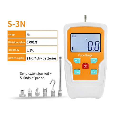 Sleek Digital Push Pull Gauge And Portable Force Meter Tool For Spring Load Testing Up To 500 Newtons, showing digital display and probes.