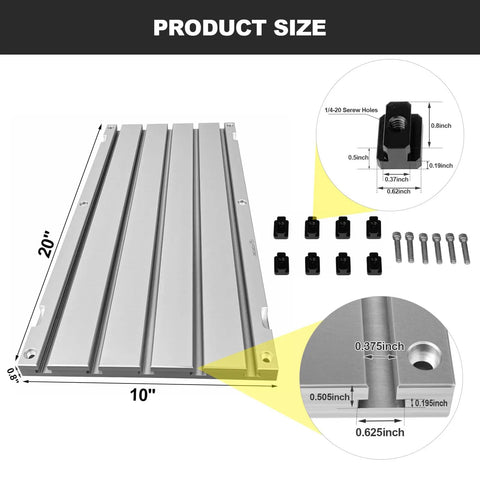 Badass Straight Up Heavy Duty 6061 Anodized Aluminum T Slot Plate Fixturing Table For CNC Milling and Garage Builds with measurements.