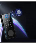 Keyless Entry Smart Deadbolt With Phone App Control And Biometric Fingerprint Entry, modern design with keypad and fingerprint scanner.