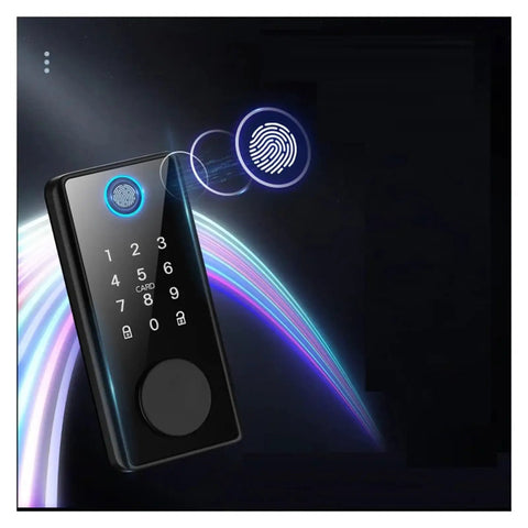 Keyless Entry Smart Deadbolt With Phone App Control And Biometric Fingerprint Entry, modern design with keypad and fingerprint scanner.