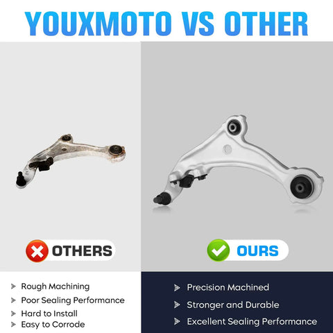 Heavy Duty Front Lower Control Arms With Ball Joint For 2009 2010 2011 2012 2013 2014 Nissan Murano comparison image showing differences in quality.