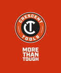 Logo of Crescent Tools with text 'More Than Tough' on an orange background.