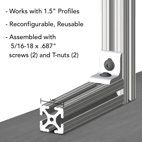 Rock Solid Aluminum Inside Corner Bracket For T Slot Extrusion 90 Degree Angled Connector with 1.5" profiles and assembly details.