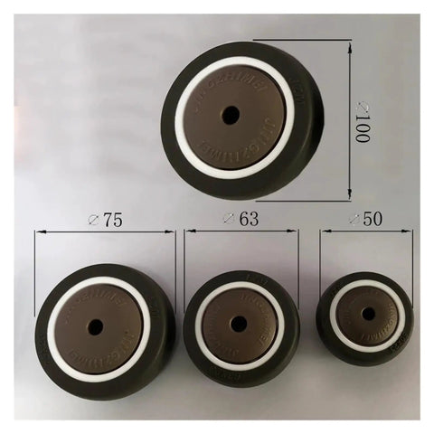 Set Of Four Premium Rubber Swivel Casters Featuring Quiet Locking Brakes And Heavy Duty Stem Mounts for furniture, showing size and design details.