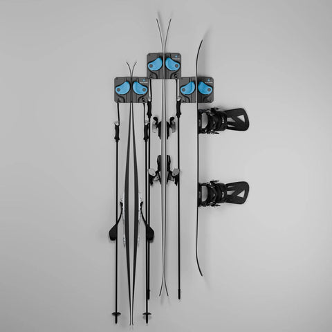 Heavy Duty Ski And Snowboard Wall Rack Badass Garage Stash No Sweat Storage Totes Secure For Any Board Or Ski Hella Reliable 3 Pack Winter Gear Holder with mounted skis and snowboard.