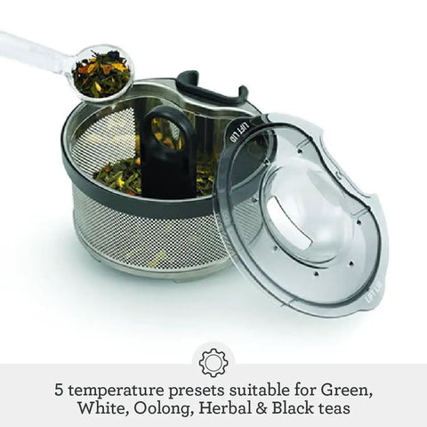 Close-up of aluminum mesh basket from Tea Maker Infuser And Water Kettle 51 Oz Capacity With Programmable One Touch Controls And Auto Tea Basket