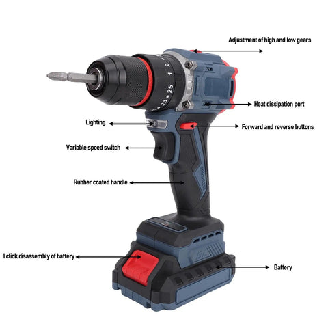 Heavy Duty Brushless Cordless Drill Beast Mode 45Nm Torque With 2000Mah Battery showing variable speed switch and rubber coated handle.