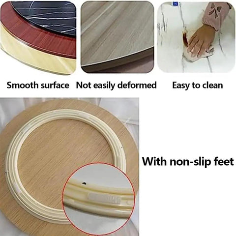 Downright Slick 100cm Wooden Lazy Susan Turntable showing smooth surface, non-slip feet, and easy to clean features.