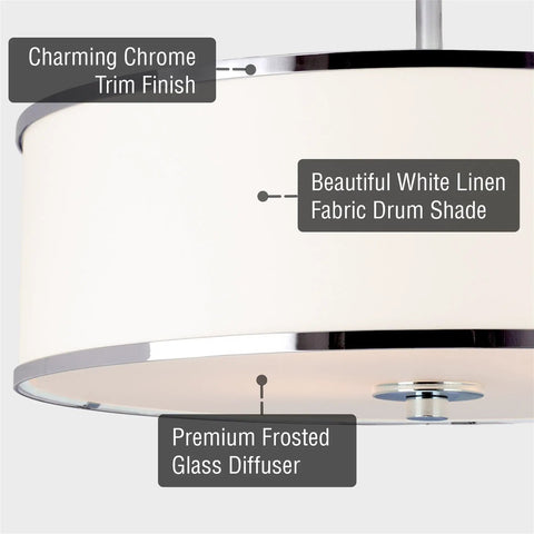 Close-up of Chloe 15 Inch Modern Semi Flush Ceiling Light With White Fabric Drum Shade showing chrome finish and diffuser.