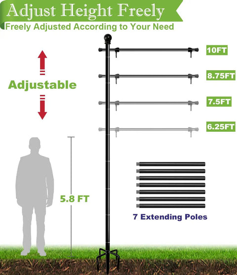 Adjustable 10Ft garden flag pole stand with 5 prong base for 3x5 flags, showing height options and 7 extending poles