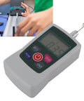 Close-up of Top Shelf Slick Digital Force Gauge And Handheld Push Pull Tester with a measuring hook displaying 0.375N measurement.