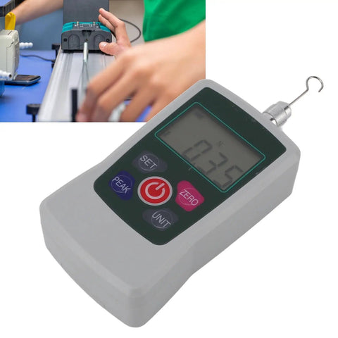 Close-up of Top Shelf Slick Digital Force Gauge And Handheld Push Pull Tester with a measuring hook displaying 0.375N measurement.
