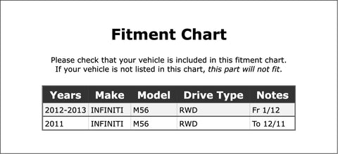 Fitment chart for Top Shelf Heavy Duty Front Wheel Bearing And Hub Assembly For Infiniti M56 2011 2013 showing compatible years and models.