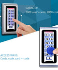 Standalone Door Access Control System With Backlit Password Keypad and five proximity key fobs, supports 2000 users, shown in use.