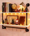 Floating Wall Shelves With Towel Bar, Industrial Pipe Shelving, decorated with books, lamp, and holiday ornaments, 2 tier