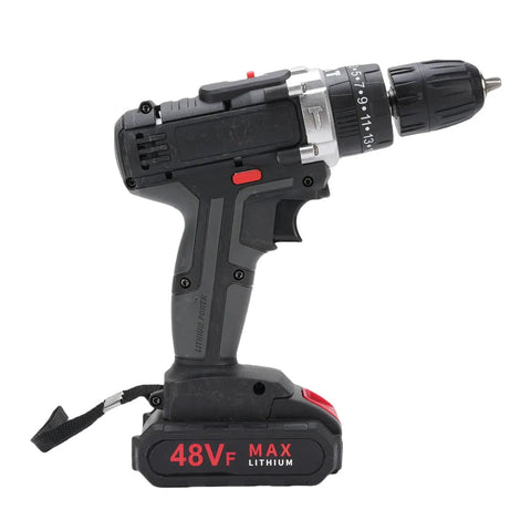 Heavy Duty Brushless Cordless Drill And Driver Workhorse Combo Featuring 350 Watt Motor And 1450 Rpm Speed, side view with 48VF lithium battery.