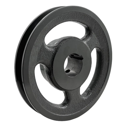 Rock Solid Cast Iron 1 Groove V Belt Sheave With 1 Inch Bore 5.45 OD Motor Pulley For A AX 3L 4L Belts showing side view.
