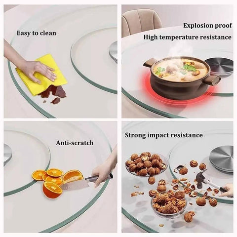 Heavy Duty Tempered Glass Lazy Susan Serving Platter With A Slick Spinning Design And Rock Solid Construction Perfect For Kitchen Tables And Dinner Parties, showcasing easy cleaning and anti-scratch features.