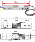 Digital Load Cell Weight Sensor Kit with HX711 ADC Module, 5Kg capacity, top view, wiring detail, and dimensional diagram.
