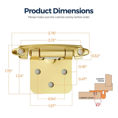 Heavy Duty Gold Overlay Cabinet Hinges 1/2 Inch Face Frame Model With Quiet Cushion Bumpers And Rust Proof Screws dimensions diagram