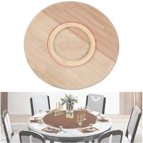 Top view of 36 Inch Rotating Lazy Susan Serving Tray, solid wood for kitchen tables, showcasing natural finish and turntable design.