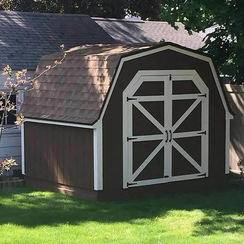 Outdoor brown shed with double doors secured by 8 Inch T Strap Hinges Heavy Duty Tee Hinge For Shed Doors Gates Yard Fences Barn Doors Galvanized Rustproof Iron 4 Pack With 28 Screws Durable Hardware For Outdoor Use Suitable For Exterior Wood Fences And Gates.