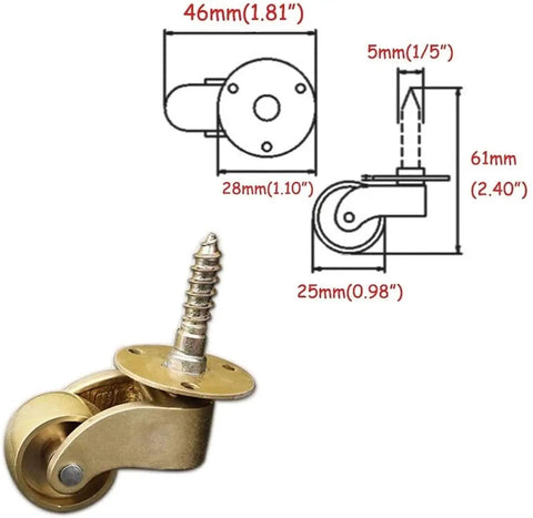 Solid Polished Brass Swivel Casters Set Of Four Vintage Antique Furniture Wheels Double Bearing Heavy Duty Setup showing dimensions and screw mount