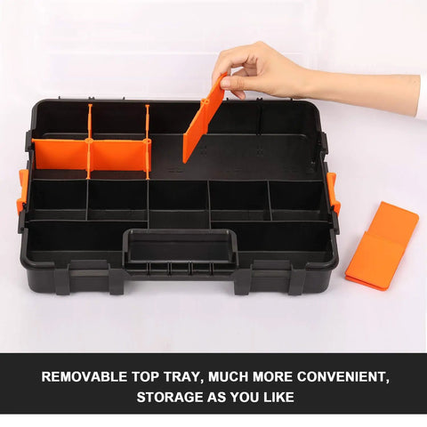 Interlocking Black Tool Box Organizer With Removable Dividers Beefy Durable Plastic Small Parts Box open with dividers.