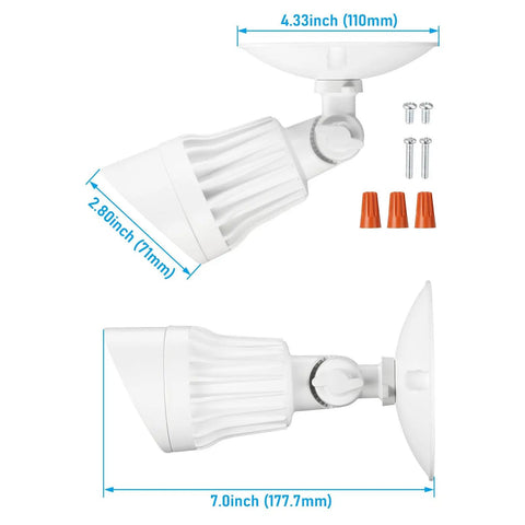 Badass Single Head LED Security Flood Light Wall Mount 10W 5000K White 1000 Lumens dimensions showing installation hardware.