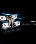 Two Piece Set Premium 304 Stainless Steel Hidden Cabinet Hinges Beefy Rock Solid Invisible Concealed Door Hardware For Slick Kitchen Furniture Upgrade And Smooth Swing Setup With Zero Gap Alignment close-up view of stainless steel hinge design.