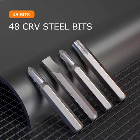 Close-up of 48 CRV steel bits for 51 In 1 Mini Precision Screwdriver Set Portable Magnetic Go-To Repair Kit