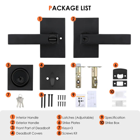 Slick Matte Black Exterior Door Handle And Deadbolt Hardware Set Featuring Tough Keyed Alike Mechanism package list image showing components.