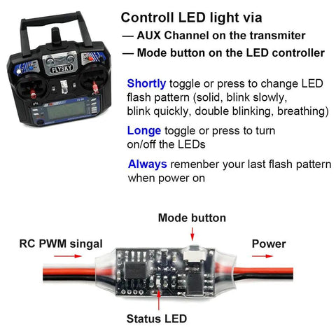 Controller and LED module for Remote Controlled LED Light Strip For RC Fixed Wing Airplanes And AR Wing Drones With Red And Green LEDs