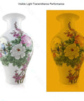 Visible light transmittance performance for ornamental vase with colorful floral design.