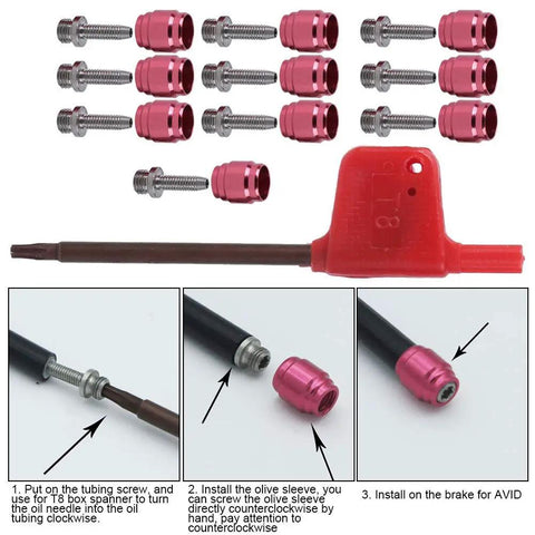 All In One Hydraulic Bike Fitting Kit With 10 Barbed Olive Set And Stainless Steel Brake Line Needles Plus T8 Tool displayed