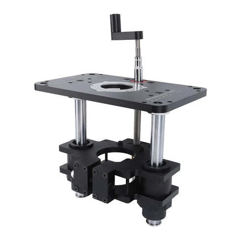 Rock Solid Router Lifting System With Slick Crank Adjustment, sturdy aluminum alloy router riser with precise tuning features.