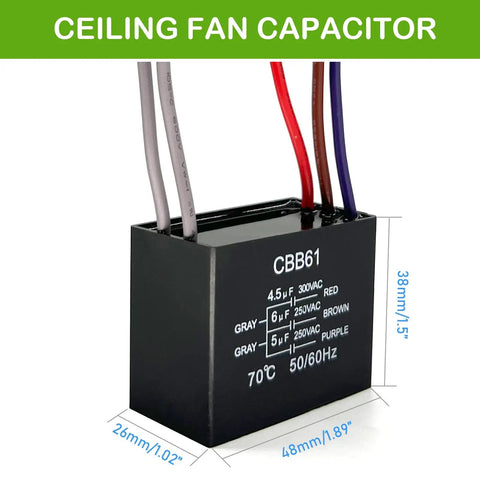CBB61 capacitor designed for Ceiling Fan Pull Chain Switch Kit With CBB61 Capacitor And 3 Speed 4 Wire Light Replacement.