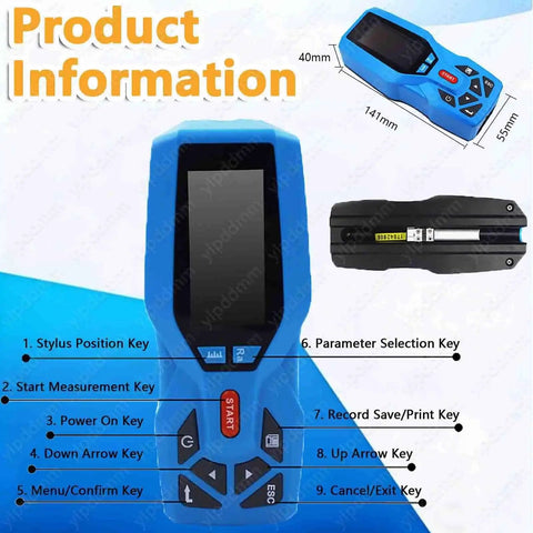 Handheld Surface Roughness Tester With Pro Grade Digital Profilometer showing buttons and product dimensions in blue color