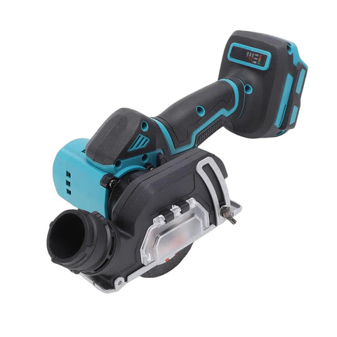No Nonsense Professional Grade Compact Cordless Mini Circular Saw featuring 3 inch razor sharp blade and integrated dust collection shroud seen from the side.