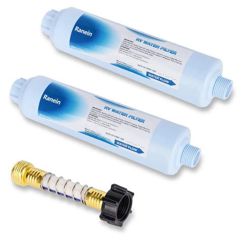 2 Pack RV Inline Water Filter And Hose Protector Kit For Camper Boat Rig NSF Certified showing GAC filters and hose connector.
