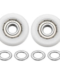 Smooth Gliding Ball Bearing Pulley Roller Kit Made From Tough Nylon For Effortless Door Hardware And Heavy Duty Gym Gear Upgrades with two white rollers and stainless washers.