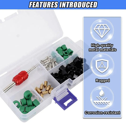Real Deal Auto Air Conditioning Service Kit With Beefy Hoses Tough Gaskets And Quick Swap Valve Core Extractors includes various fittings.