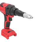 Heavy Duty Cordless Rivet Gun Kit With 18V Battery And Built In Led Lamp Auto Catch And Spit Mechanism Smooth Moving Electric Pop Riveter Tool Full Rivet Case For Garage Tasks Or Weekend Dude Projects close-up view of the tool with red and black design.