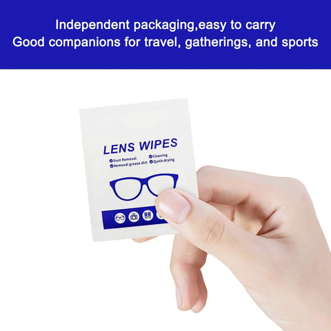 Lens Wipes packet held in hand; white pouch with blue LENS WIPES label and glasses icon.