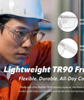 Heavy Duty Z87 Plus Safety Reading Specs With UV400 Side Shields And Impact Resistant Lenses Built Tough For Jobsites And The Daily Grind Featuring One Five X Clearfall Magnification worn by a worker, showcasing integrated side shields.
