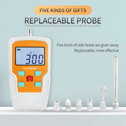Hard Core Digital Force Gauge Push Pull Meter And Handheld Dynamometer with replaceable probes for tension and compression testing.