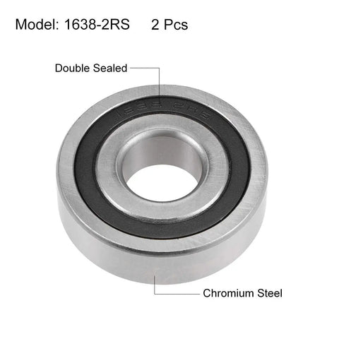 Upgrade Your Setup With 1638-2RS Deep Groove Ball Bearings In A Badass 2-Pack Built From Premium Chrome Steel Featuring Double Seals To Keep Grease Locked Down For Heavy Duty Work With 3/4-Inch Bore 2-Inch OD And 9/16-Inch Width Fits Clean.