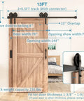 Heavy Duty Antique Black Bypass Sliding Barn Door Hardware Kit For Double Doors Top Mounted Steel Track with 13FT measurement diagram.