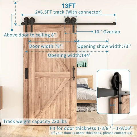 Heavy Duty Antique Black Bypass Sliding Barn Door Hardware Kit For Double Doors Top Mounted Steel Track with 13FT measurement diagram.